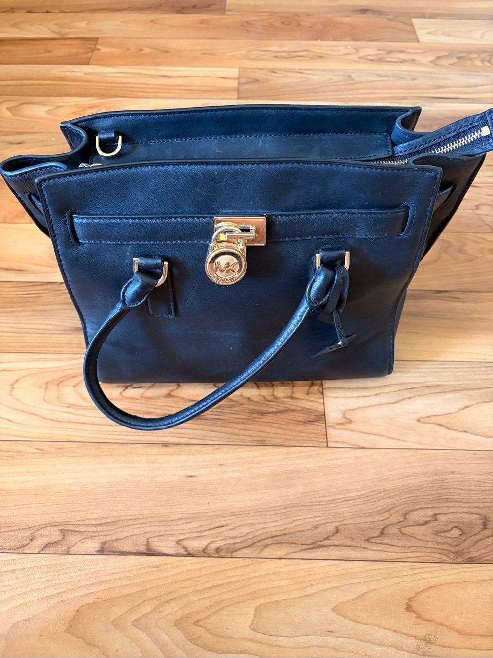 Michael Kors Black Leather Satchel with Gold-Tone Lock